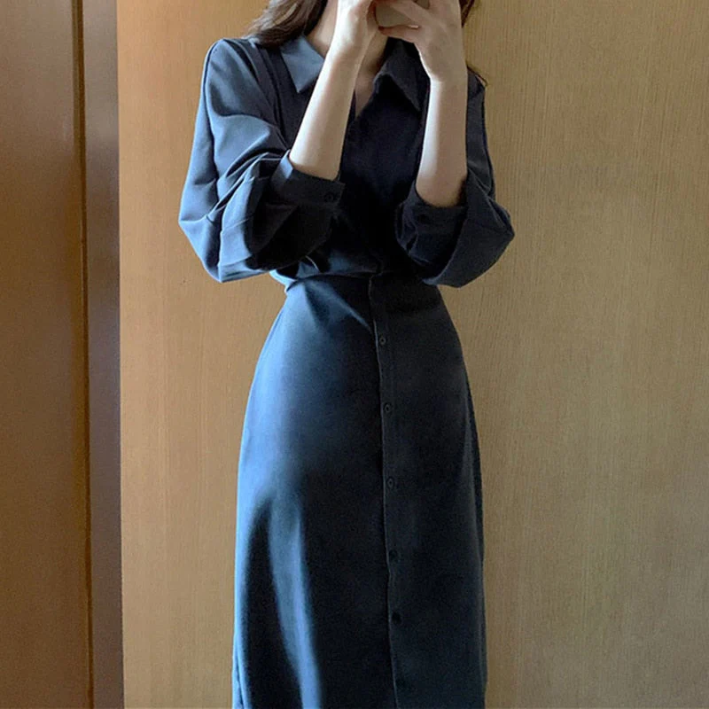 Hulianfu Vintage Evening Shirt Dresses for Women Party Fashion High Waist Korean Lace Up Long Woman Dress Elegant Autumn 2026  Vestidos - Deanwangkt