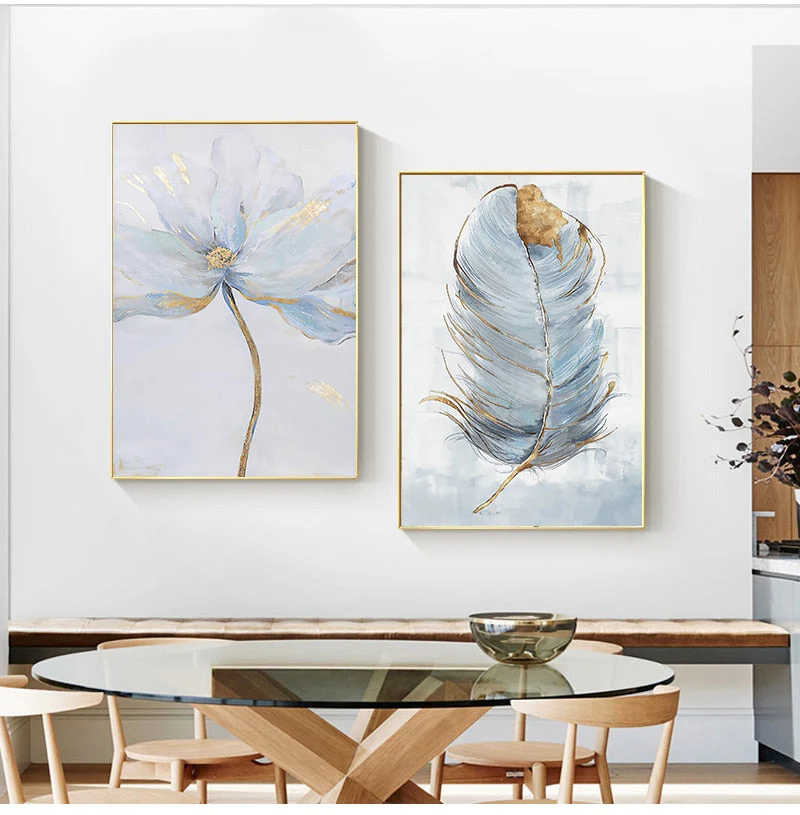 HULIANFU Scandinavian Flower Canvas Art Abstract Painting Print Feather Decoration Picture for Living Room Nordic Home Decor Wall Poster - Deanwangkt