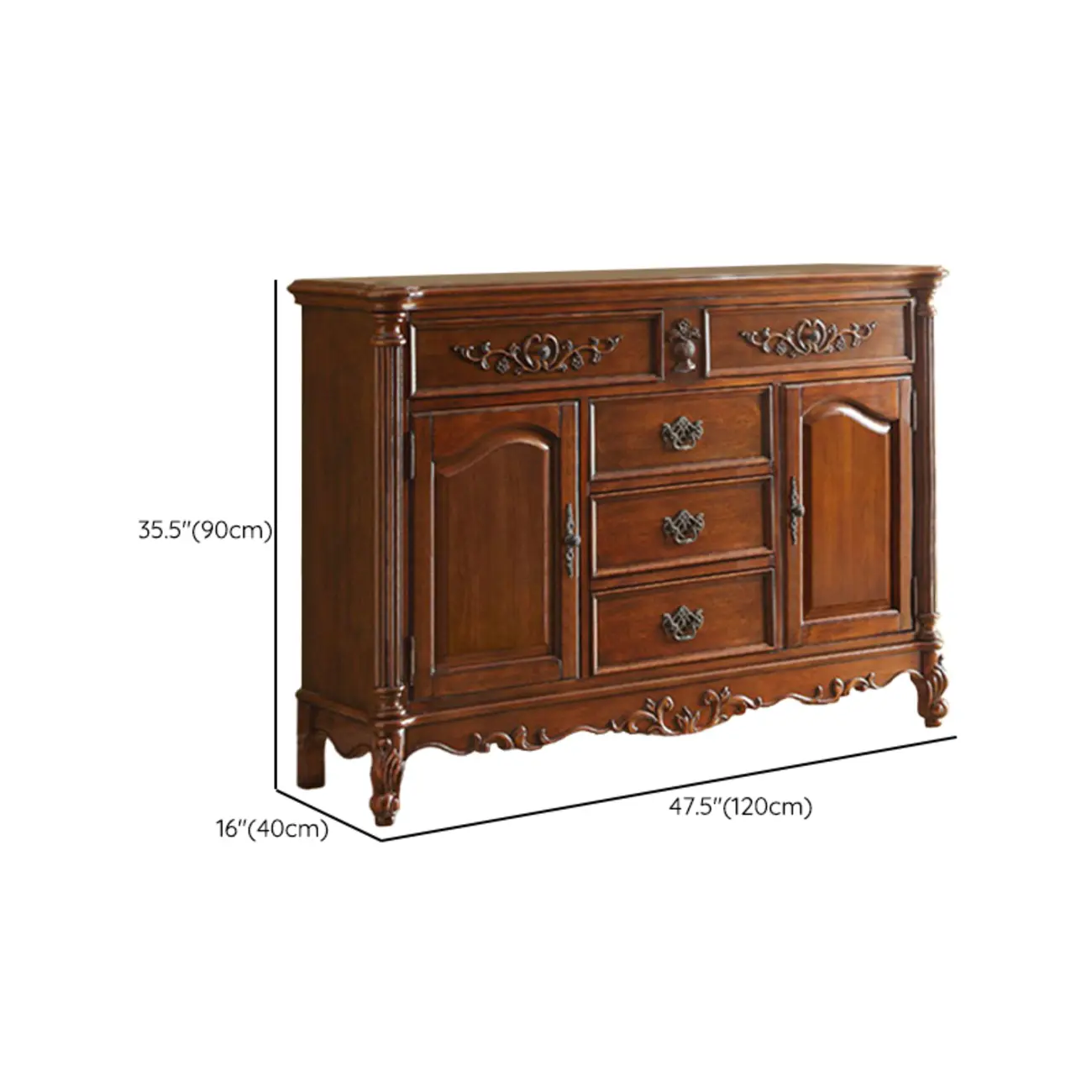 Traditional Brown Rubberwood Sideboard with Drawers