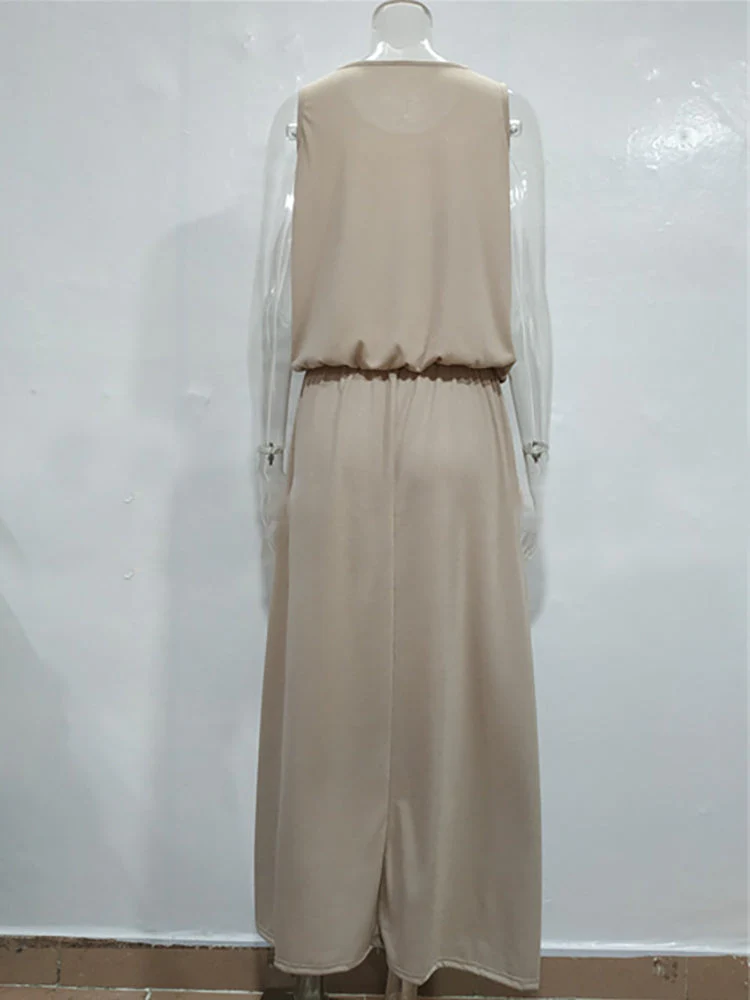 hulianfu Summer Solid Long Dress Women Casual Sleeveless Elastic Waist Side Slit Maxi Dresses Female O-Neck Loose Tank Dress Sundress - Deanwangkt