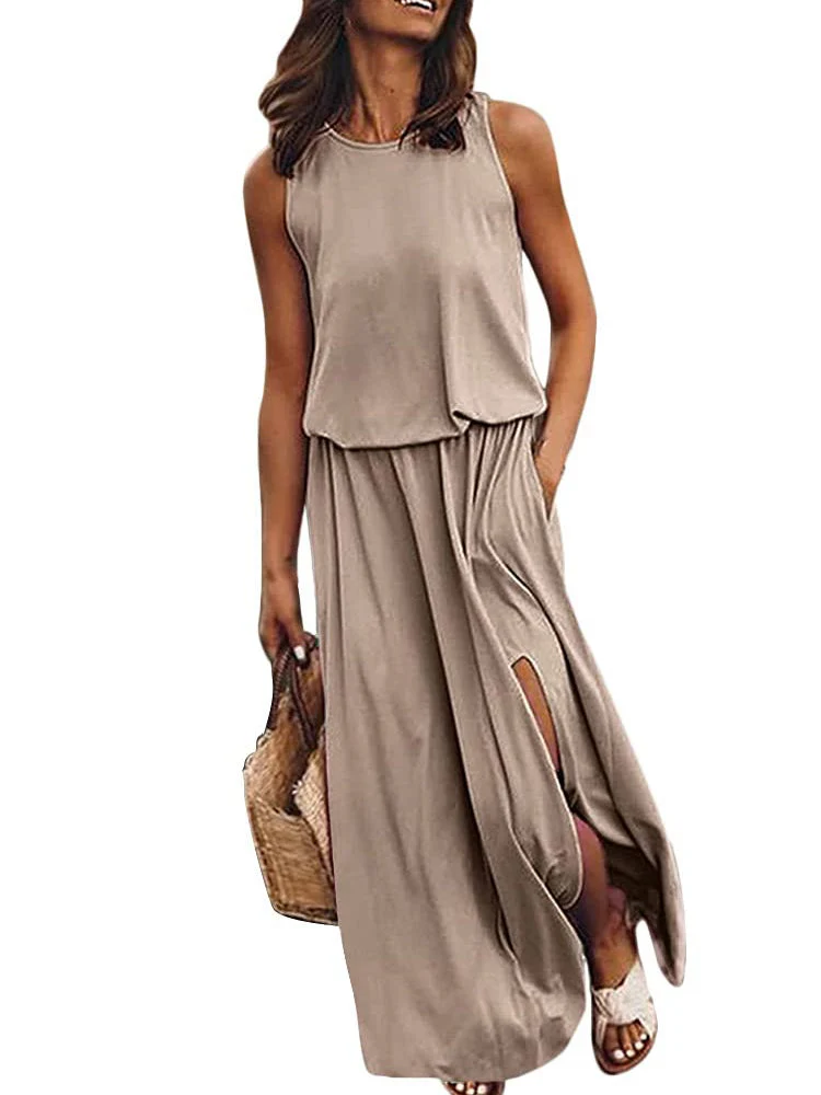 hulianfu Summer Solid Long Dress Women Casual Sleeveless Elastic Waist Side Slit Maxi Dresses Female O-Neck Loose Tank Dress Sundress - Deanwangkt
