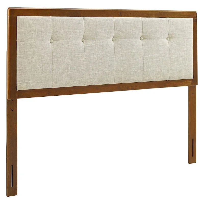 Marlin Traditional Beige Fabric Button Tufted King Walnut Wooden Headboard