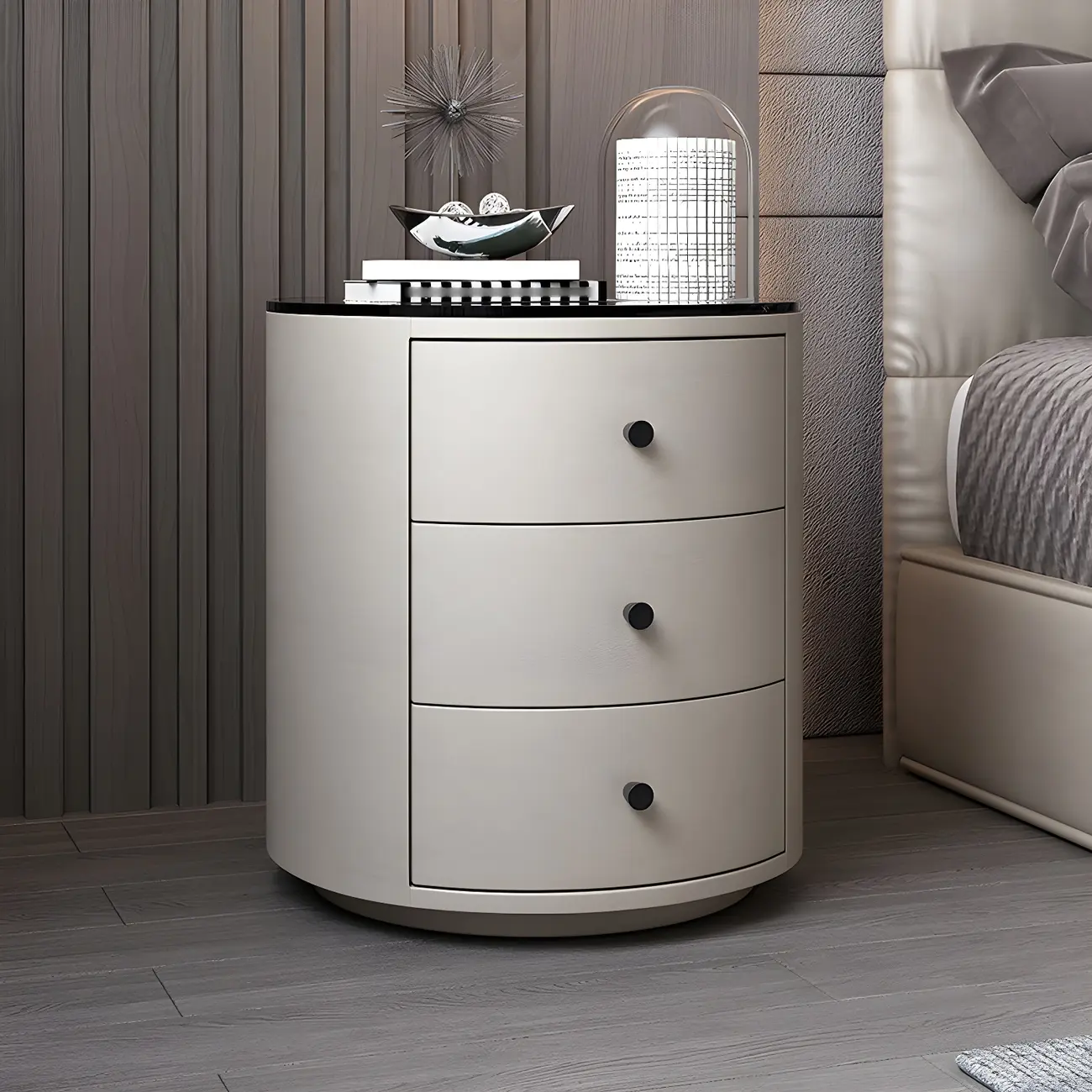 Modern Faux Leather Round Bedside Table with Two Drawers in Grey