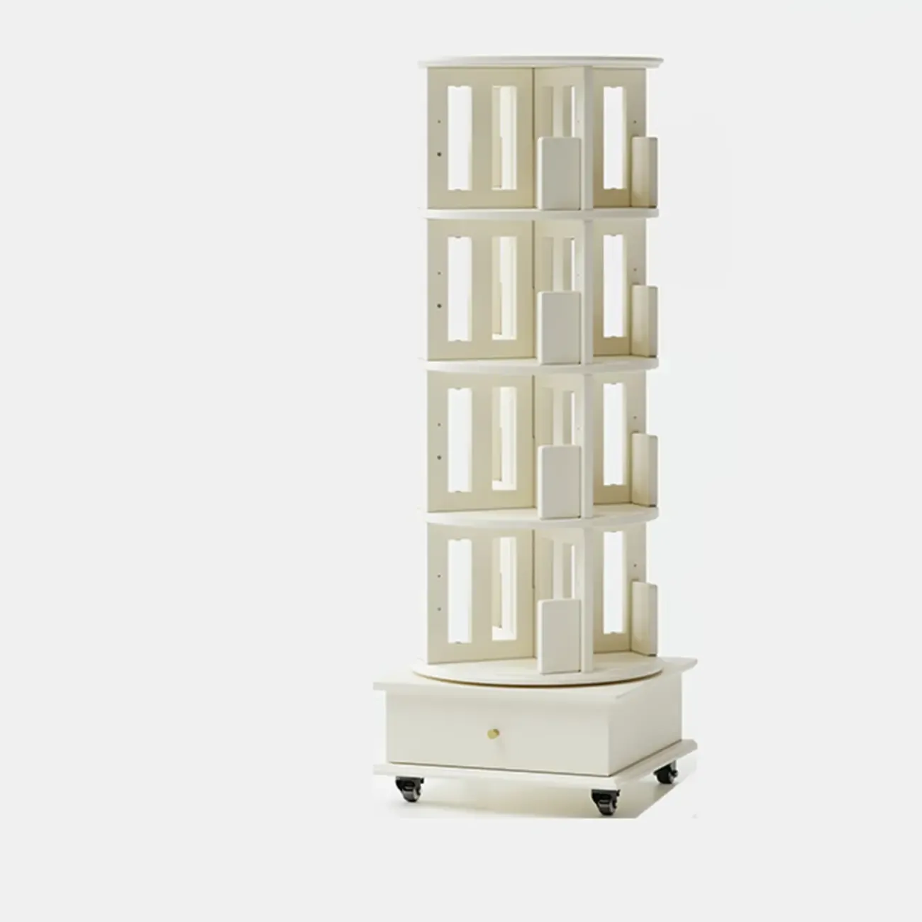 Narrow Cherry Wood Vertical 6 Shelf Rotating Bookshelf