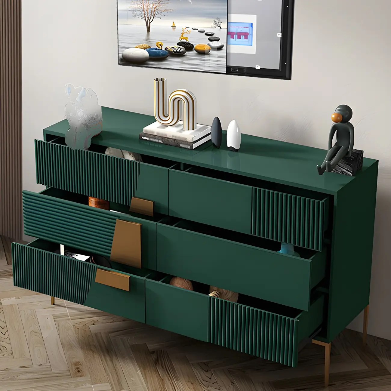 Elegant Wooden Sideboard with Drawers in Green/Grey