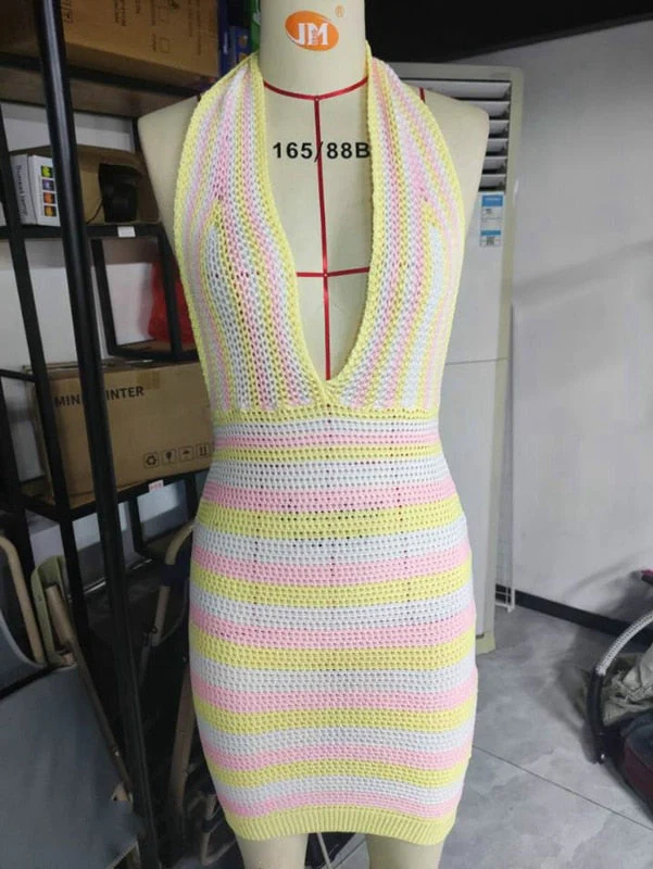 Hulianfu Sexy Women Knitted Bodycon Dresses Y2K Elegant Lady Chic Women Sleeveless Sleeveless Halter Bandage Dress Beach Vacation Clothes - Deanwangkt