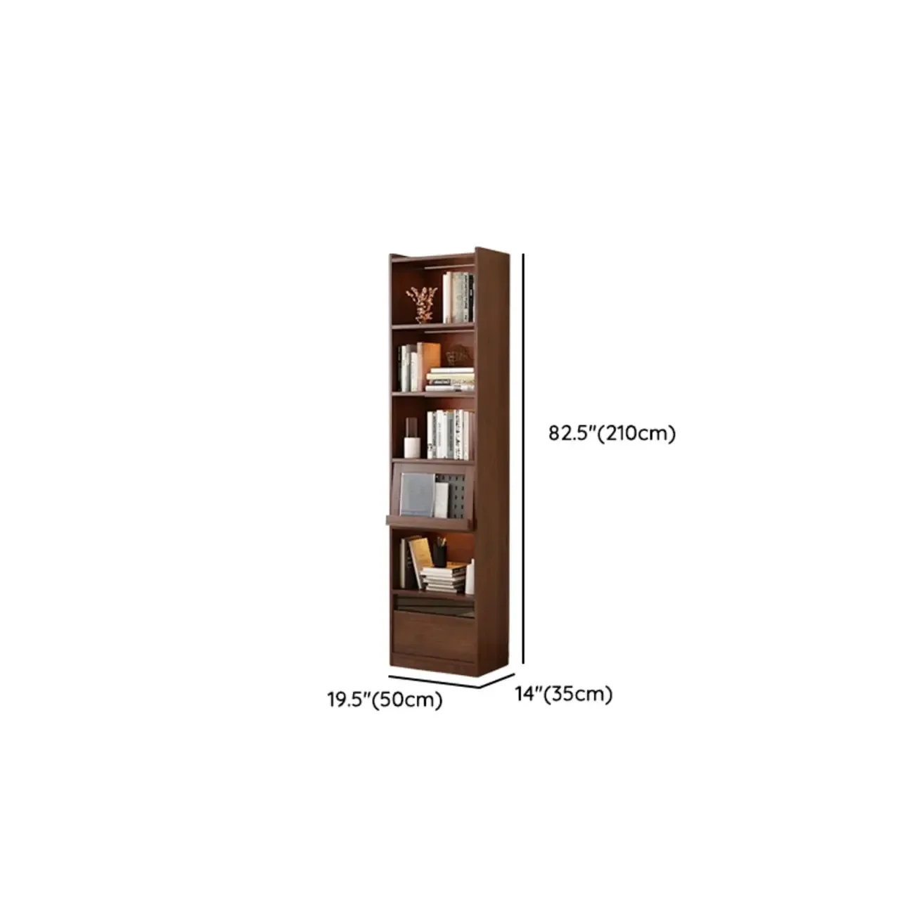 Mid Centyury Tall Brown Vertical Wood Bookcase with Drawers