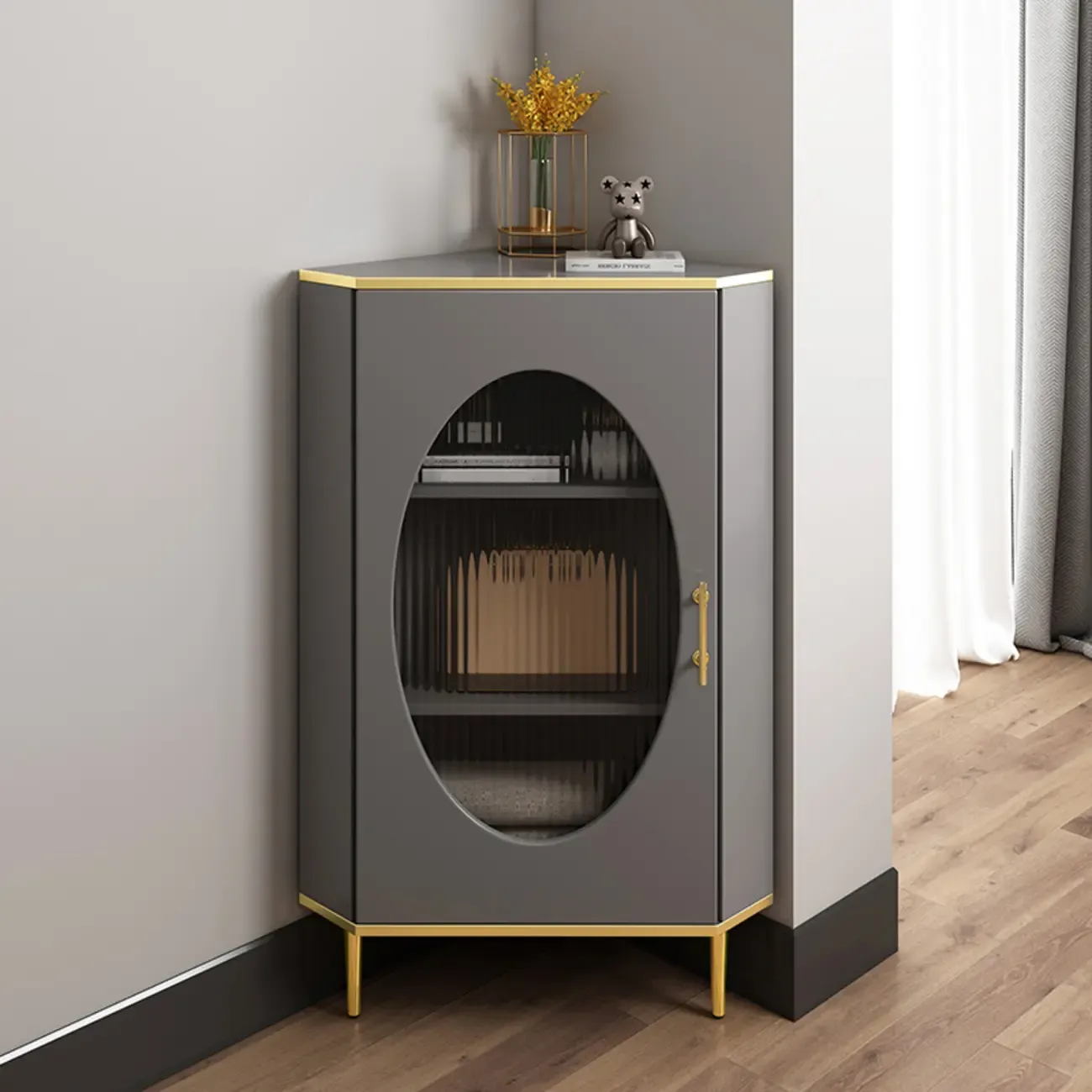 Glam Grey Gold Slate Top Stainless Steel Glass Corner Cabinet