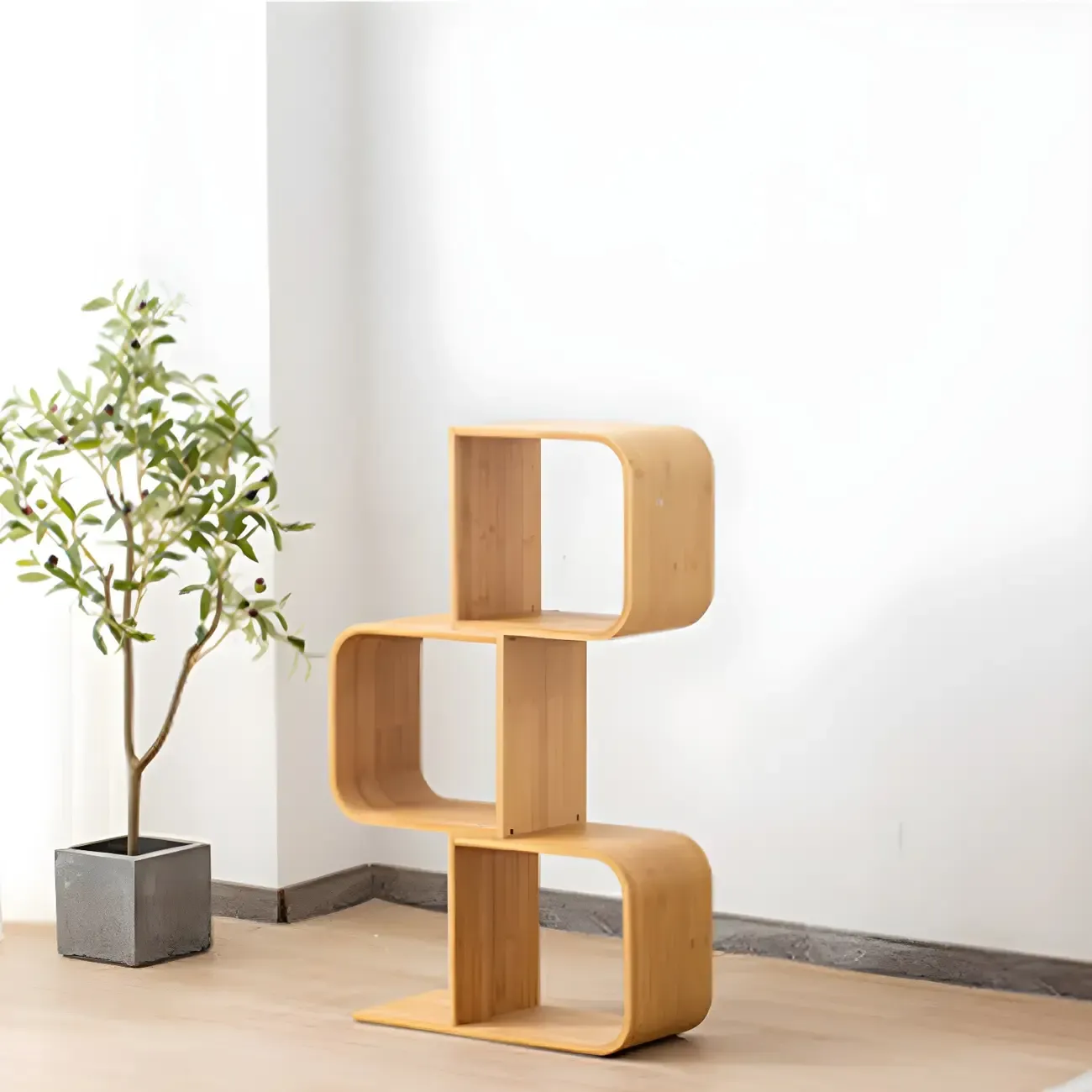Geometric Natural Finish Bamboo Wood Vertical Bookcase