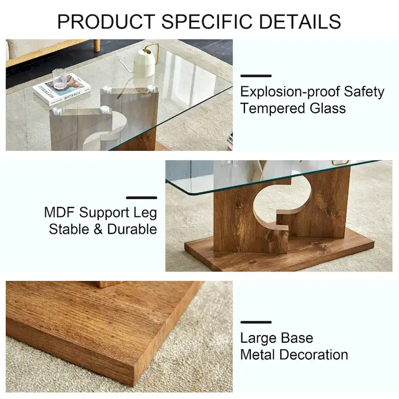 A rectangular modern and fashionable coffee table with tempered glass tabletop and white MDF legs