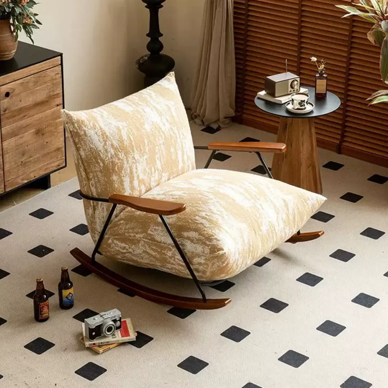 Modern Faux Mink Fleece Upholstered Metal Frame Rocking Chair