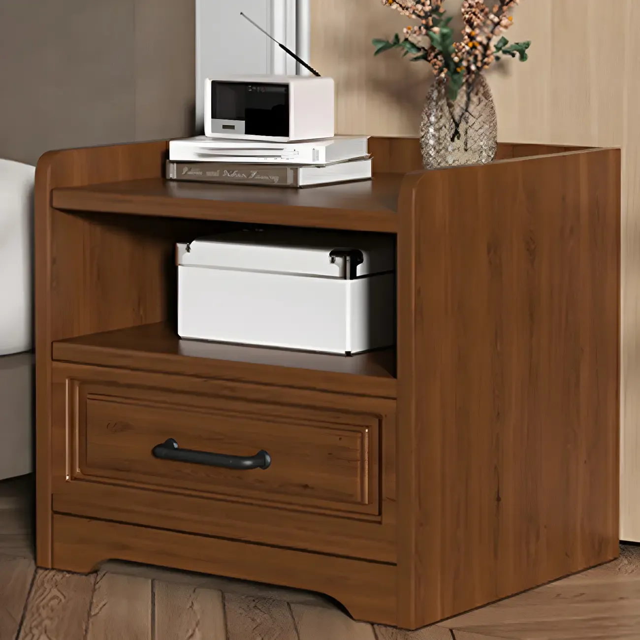 Modern White Wooden Tray Top 2-Drawer Nightstand