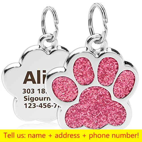 HULIANFU Personalized Dog Cat Tags Engraved Cat Dog Puppy Pet ID Name Collar Tag Pendant Pet Accessories Paw Glitter Pendant - Deanwangkt