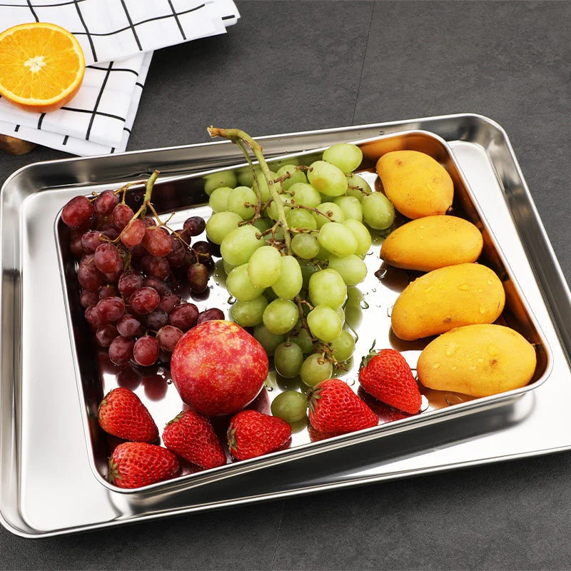 HULIANFU Stainless Steel Food Storage Trays Rectangle Steamed Sausage Fruit Pans Water Bread Kitchen Baking Shallow Dish Serving Plate - Deanwangkt
