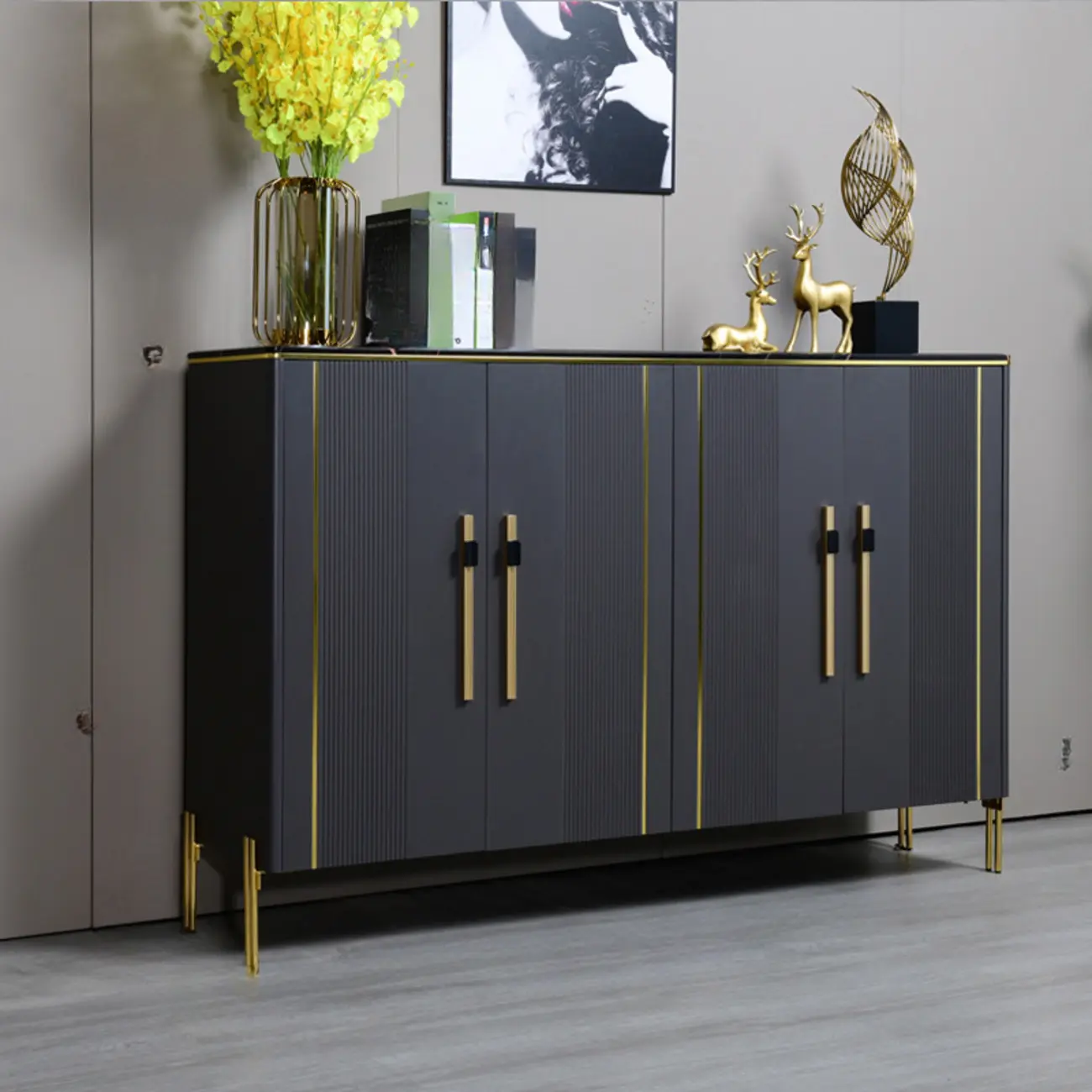 Glam Dark Gray Wooden Cabinet with Free Standing Design
