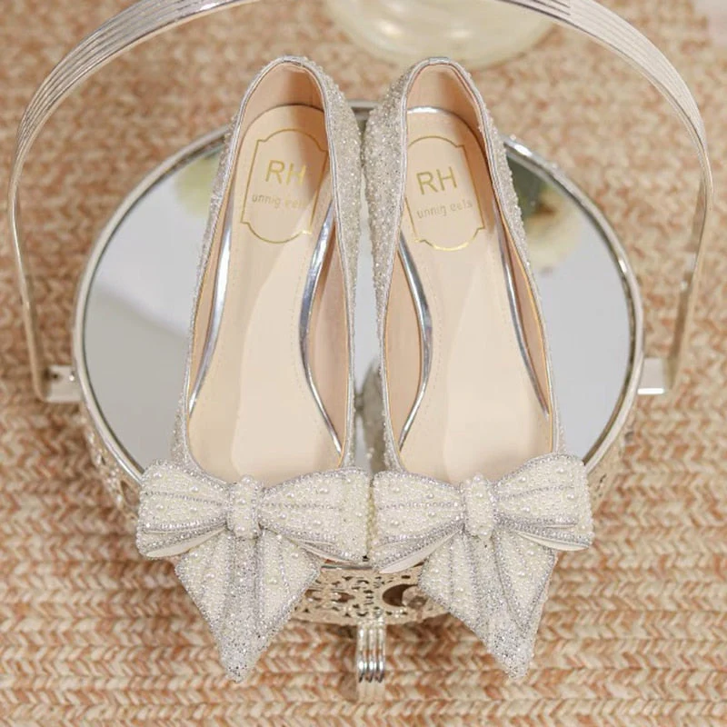 Luxury Pearl Bowtie Wedding Shoes Women  Autumn Shiny Crystal High Heels Pumps Woman Slip On Pointed Toe Bling Party Shoes - Deanwangkt