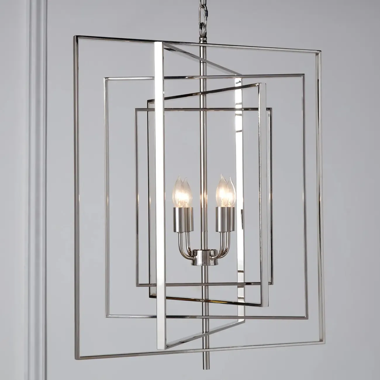 Modern Silver Rectangular Metal Cage Chandelier