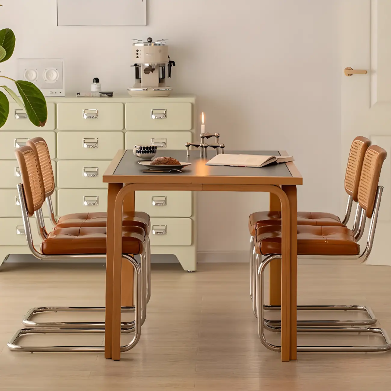 Modern Brown Cantilever Faux Leather Dining Chair Woven Back