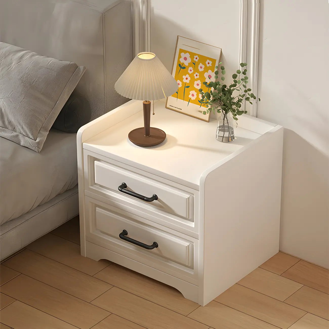 Modern White Wooden Tray Top 2-Drawer Nightstand