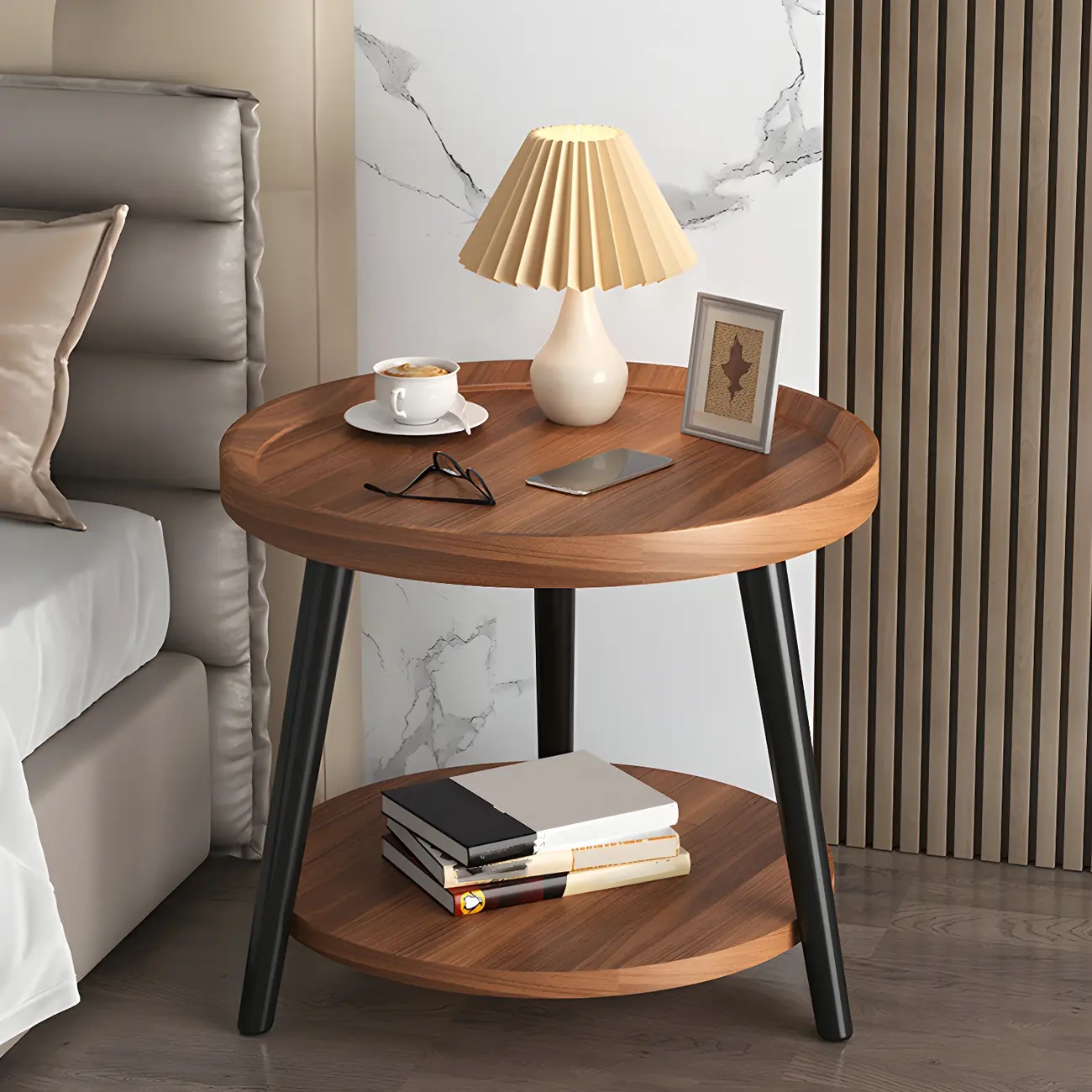 Natural Espresso Wood Small Round End Side Table with Tray Top & Shelf