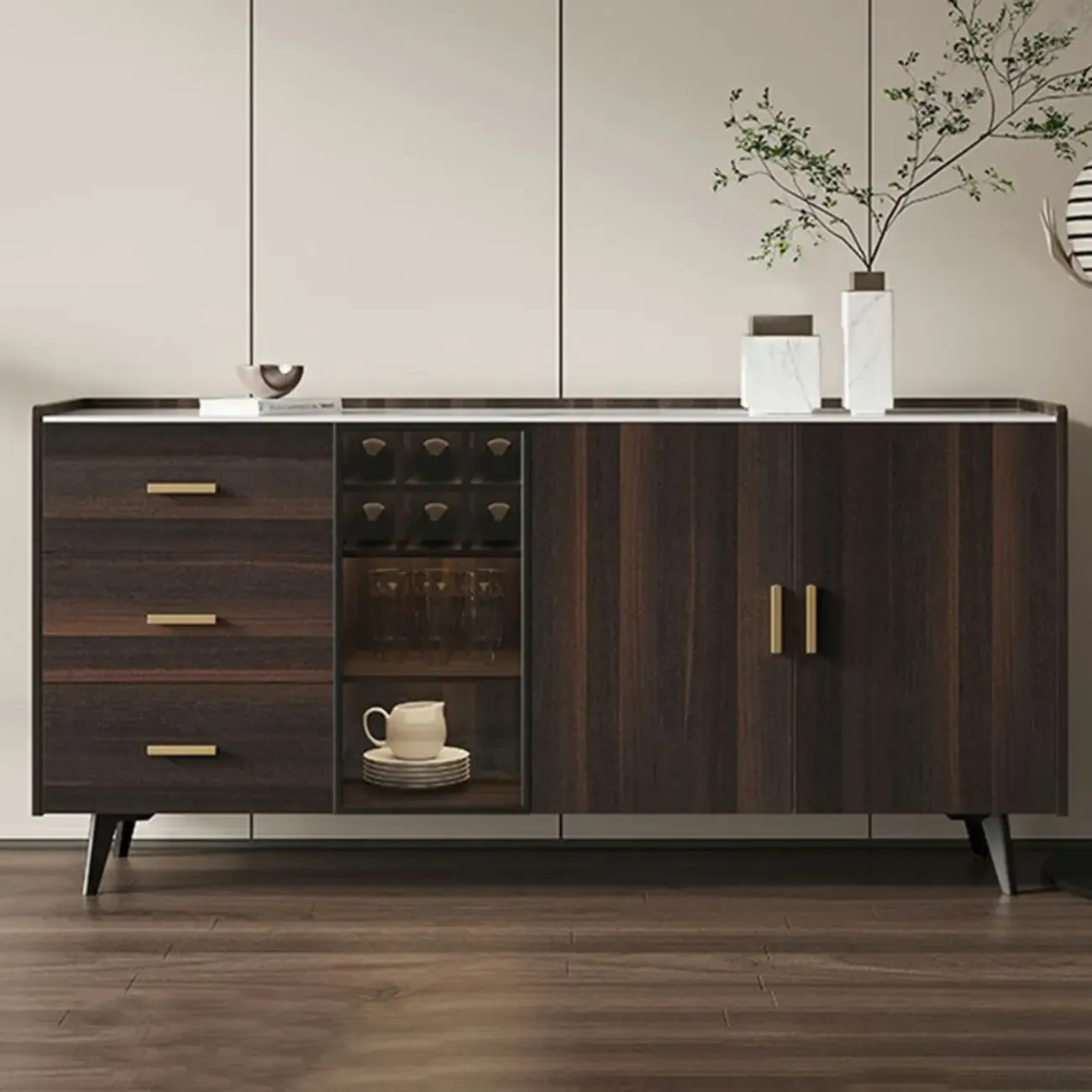 Modern Wooden Sideboard with Cabinets & Wine Rack