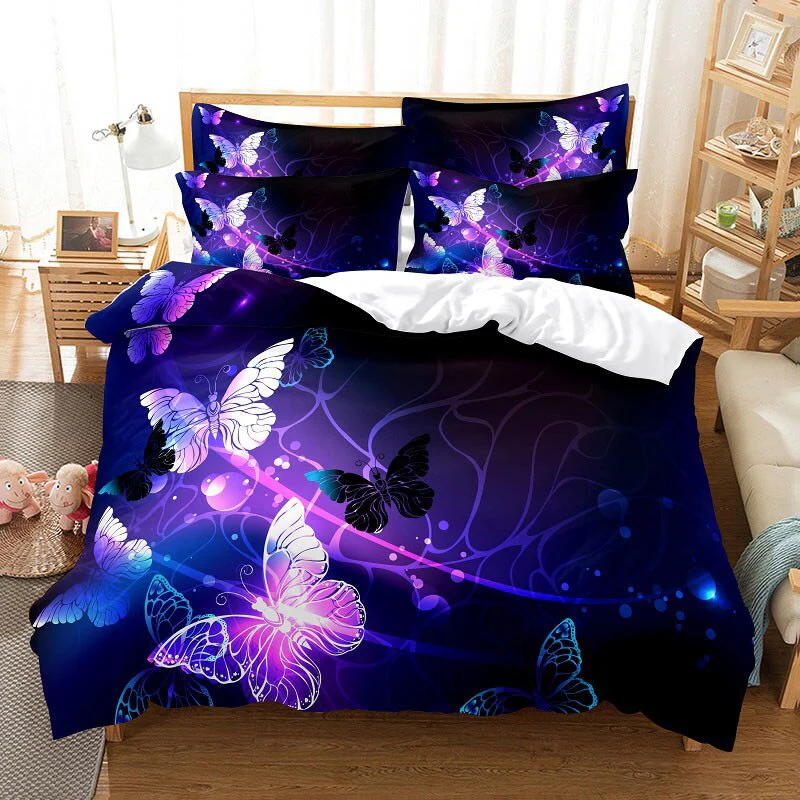 HULIANFU Purple Bedding Set Linens Duvet Cover Bed Quilt Pillow Case 3D Comforter Lavender Butterfly Double Full King Queen Twin Single - Deanwangkt