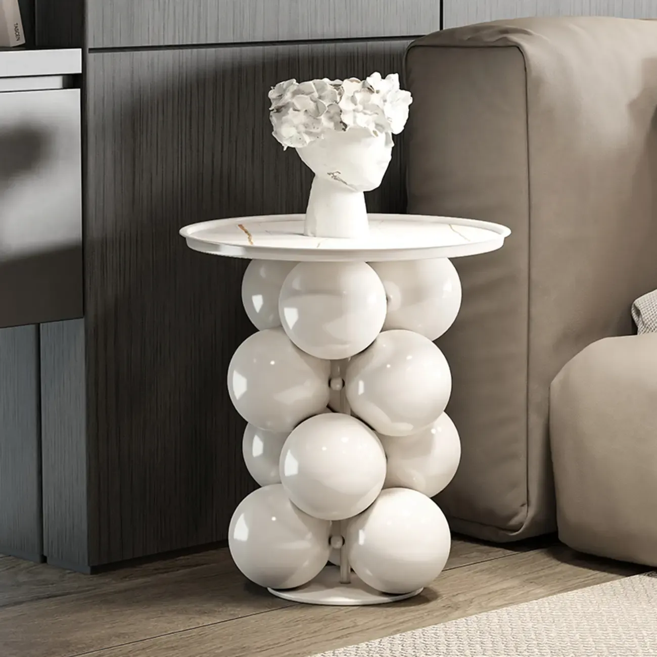 Artistic Modern Pedestal Metal Side Table with Stone Top