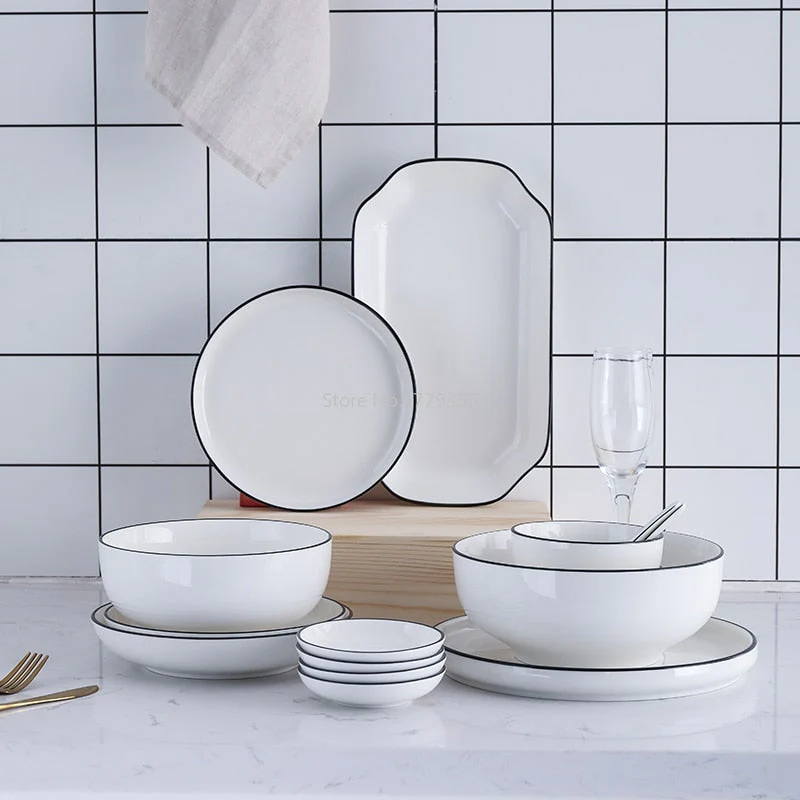 HULIANFU White Dinner Plate Set Ceramic Kitchen Plate Tableware Set Food Dishes Rice Salad Noodles Bowl Soup Kitchen Cook Tool 1pc - Deanwangkt