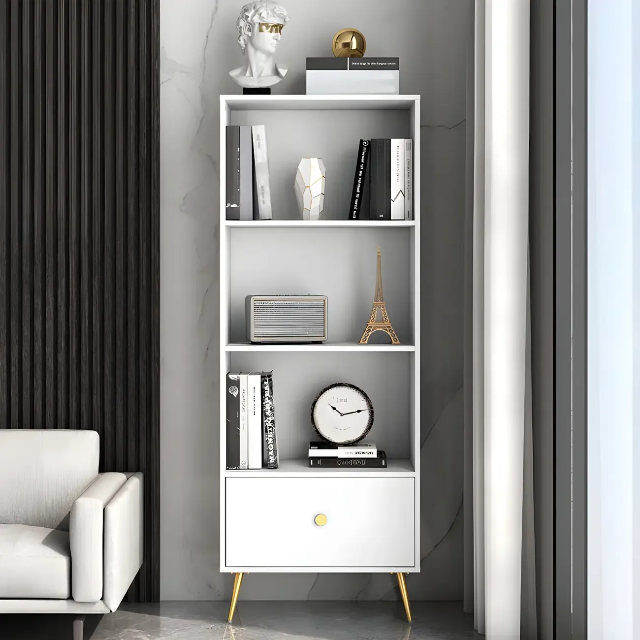 White Metal 2/3/4-Tier Open Bookcase with Drawer