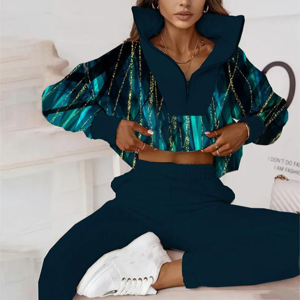 Vintage Blue Zip V-Neck Two Piece Set