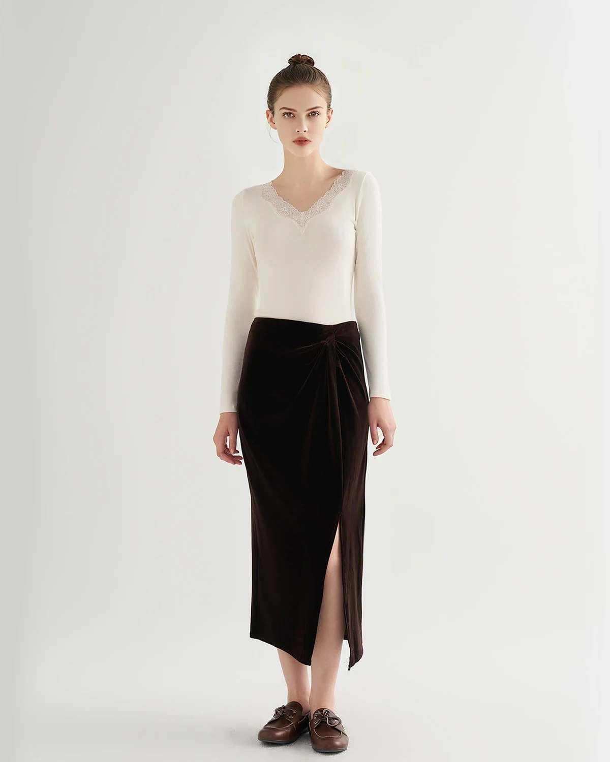 Modal combed-cotton lace base-layer top, merino wool thermal long-sleeve undershirt for women