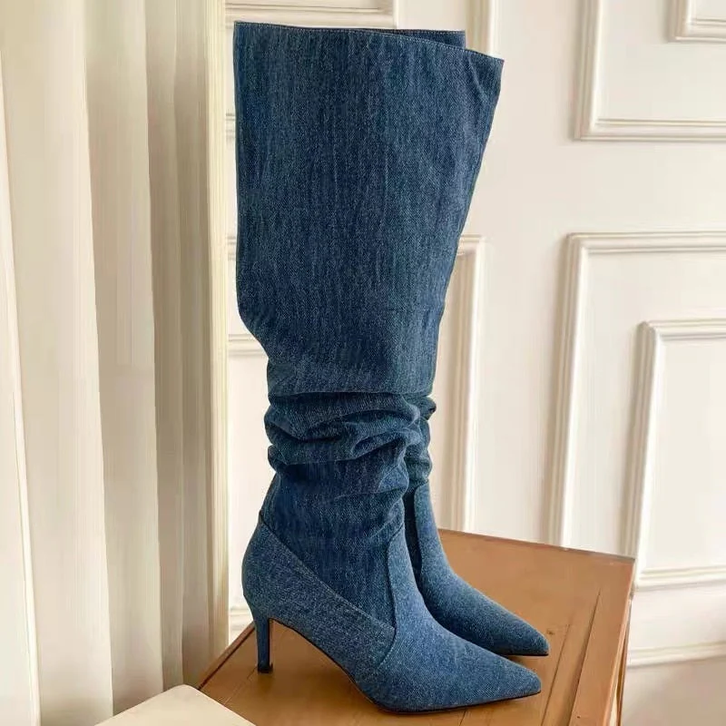 Pleated High Heels Denim Boots for Women  Autumn Jeans Knee High Cowboy Boots Woman Blue Thin Heeled Long Botas Feminina - Deanwangkt