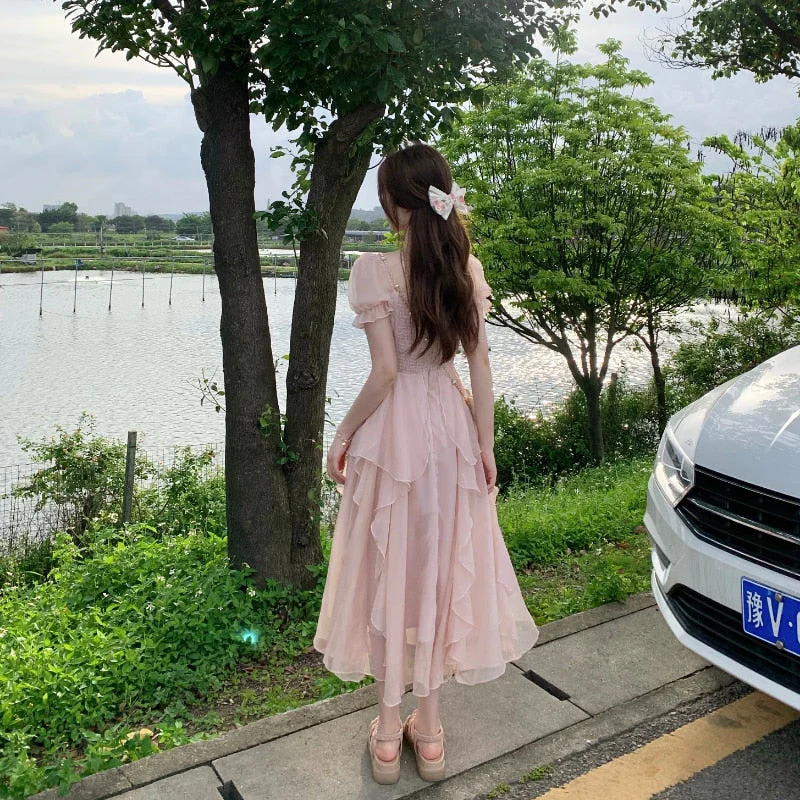 Hulianfu Vinatge Sweet French Midi Dresses Women Casual Short Sleeve Beading Chiffon Dress Elegant Female Party One Piece Dress Korean - Deanwangkt
