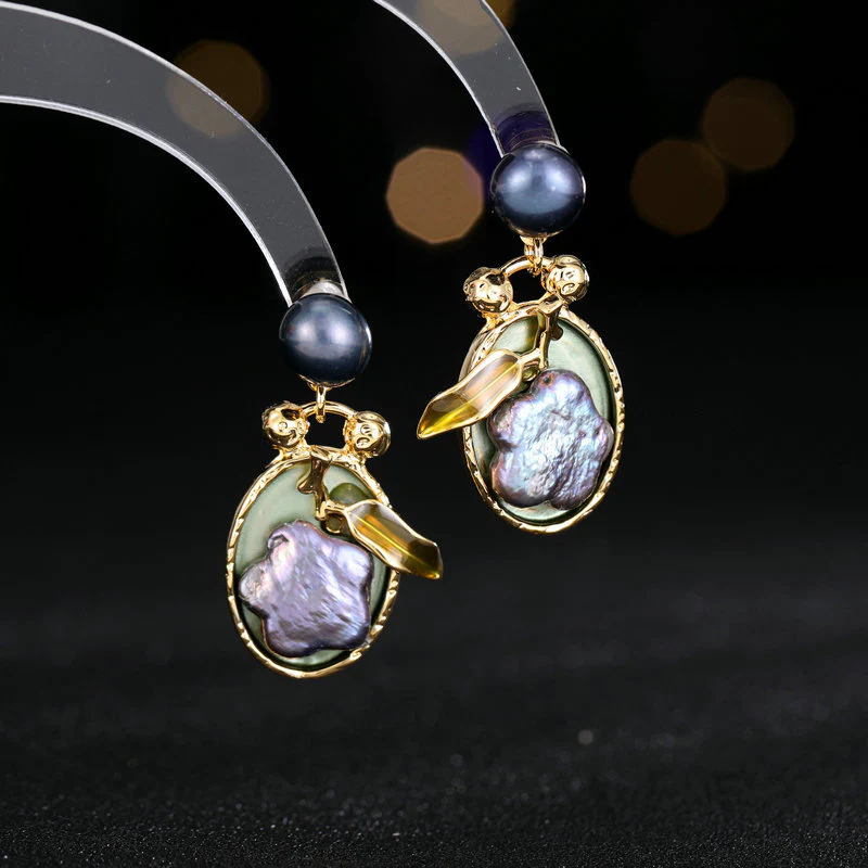 2025 literary retro elegant temperament earrings female court style high sense dripping oil leaf baroque pearl earrings - Deanwangkt