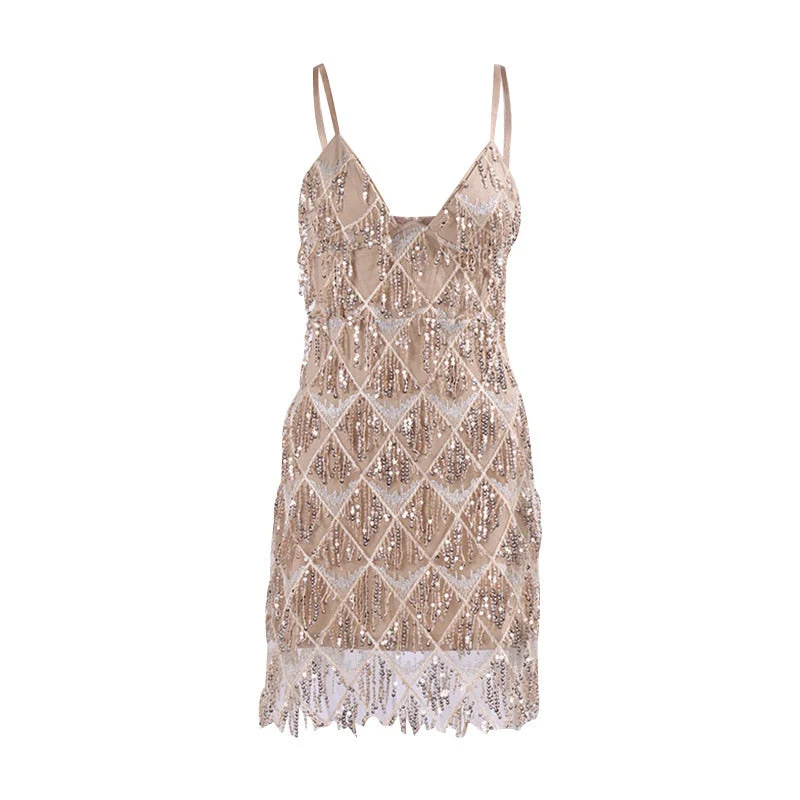Hulianfu New Year Birthday Party Dresses Vintage Tassel Dress Sexy Sequined V Neck Spghetti Strap Mesh Dress Women - Deanwangkt