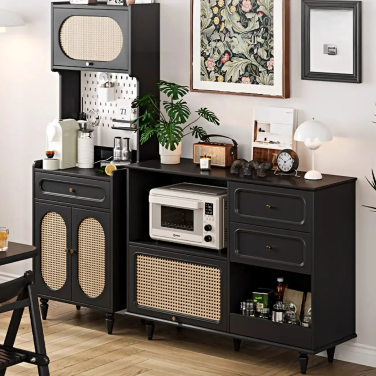 Black Rattan Kitchen Storage Sideboard with Drawers