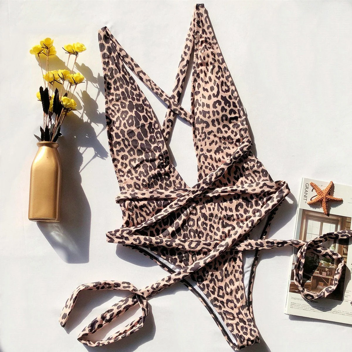 hulianfu One Piece Leopard Print Hollow Strap Swimsuit - Deanwangkt
