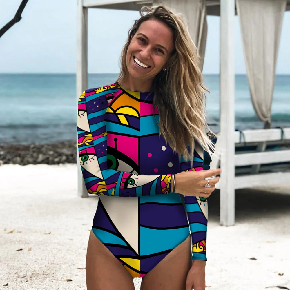Hulianfu Swimwear Women Print Floral One Piece Swimsuit Long Sleeve Bathing Suit Retro Swimsuit Vintage Beach wear Surfing Swim Suit - Deanwangkt