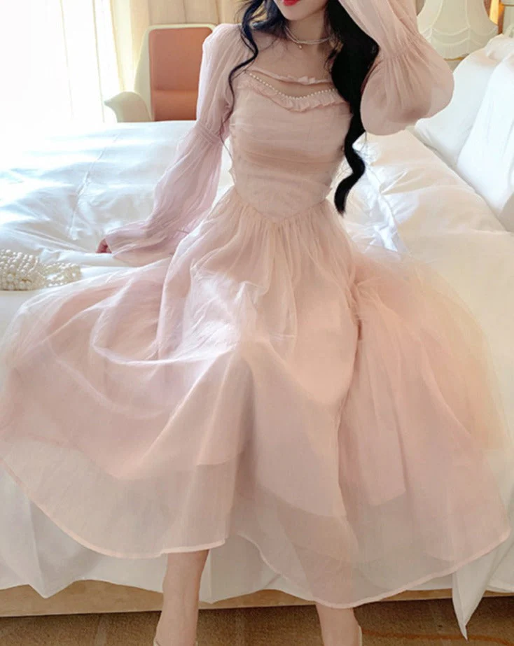 Hulianfu Elegant Evening Party Midi Dress Women Bubble Sleeve French Vintage Sweet Dress Female Pink Korean Style Fairy Dress Autumn - Deanwangkt