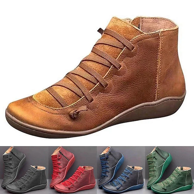Women's Boots Comfort Shoes Plus Size Barefoot shoes Daily Booties Ankle Boots Flat Heel Round Toe Casual Minimalism Faux Leather Zipper Solid Color Solid Colored Red Blue Brown - Deanwangkt