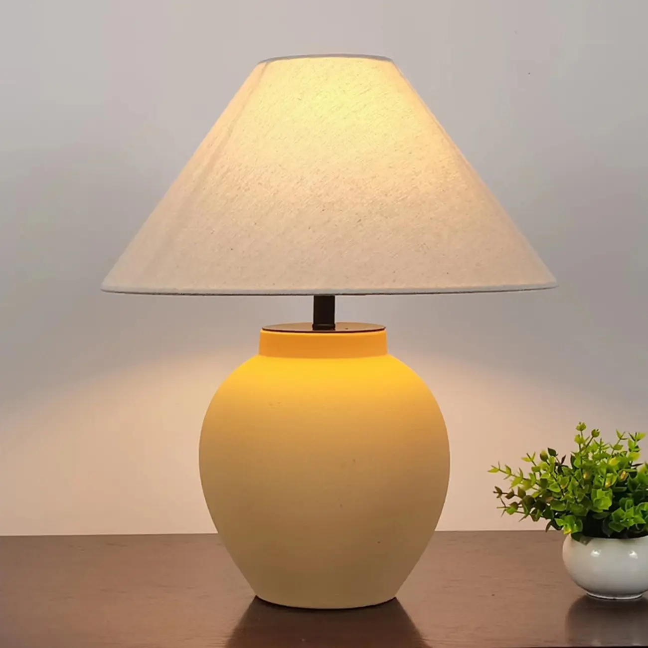 Simple Modern Ceramic Yellow LED Table Lamp in Fabric Shade