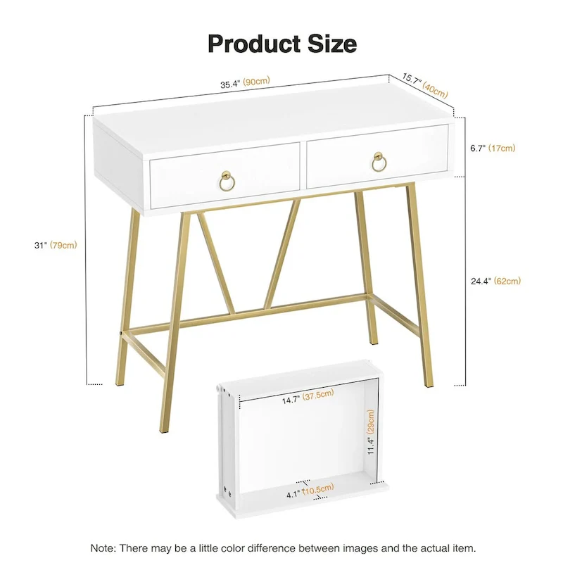 Anmytek Modern Home Office Desk 35.4 Makeup Vanity Table White 2 Drawers Writing Computer Desk with Golden Legs