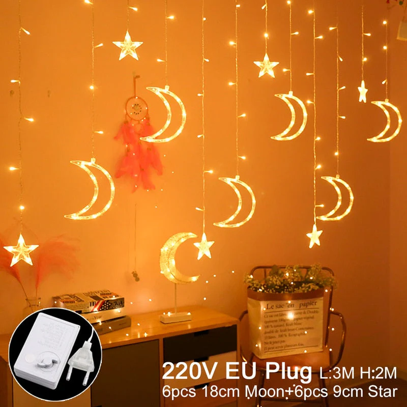 HULIANFU Star Moon Led Curtain Garland String Light Eid Mubarak Ramadan Decoration Islam Muslim Party Decor Eid Al Adha Gift Eid Mubarak - Deanwangkt