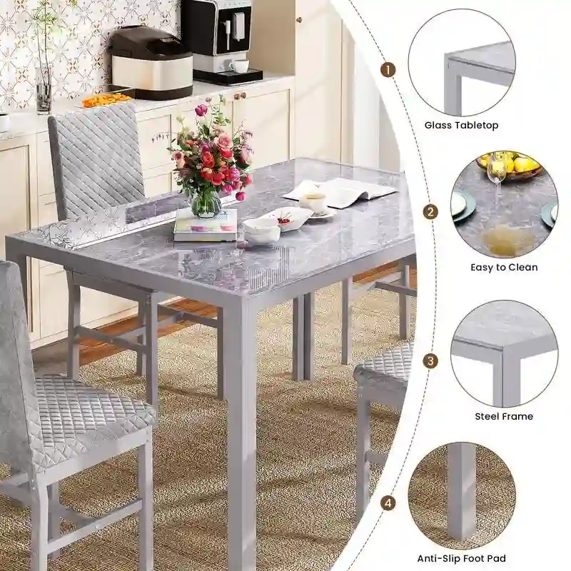 Grondin Modern Style 5-Piece Dining Room Table Set with Tempered Glass Tabletop and 4 Diamond Stitching PU Leather Dining Chairs