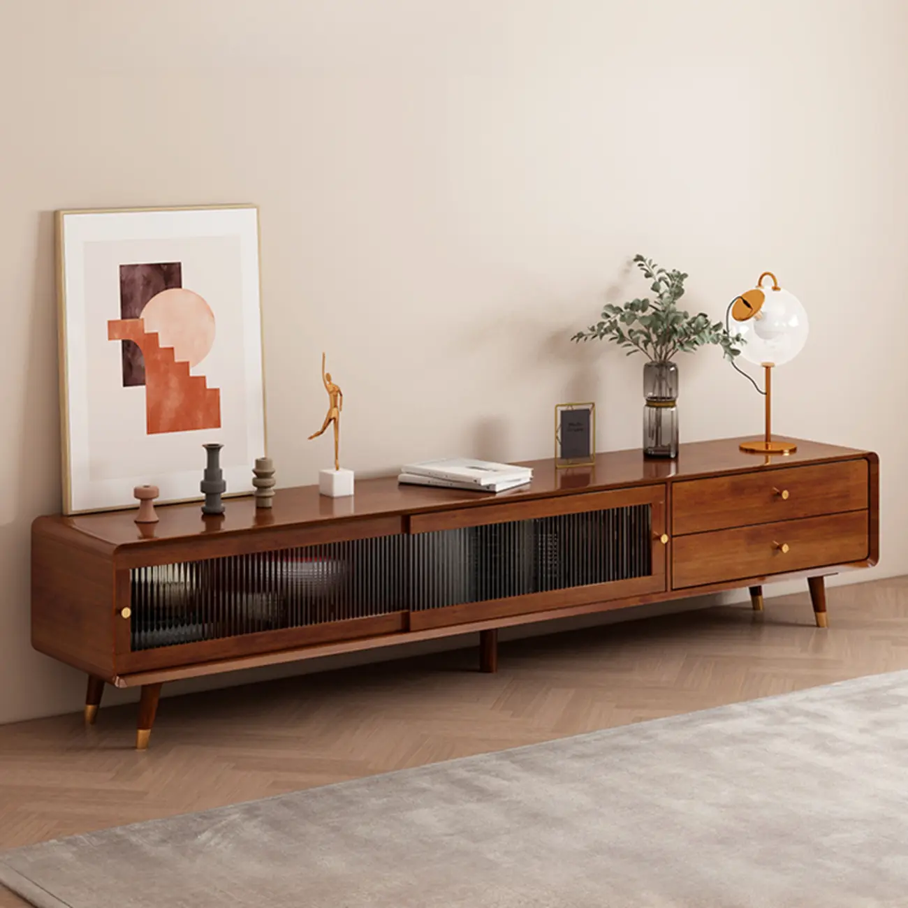 Long Brown 2-Drawer Pine Modern TV Stand with Cabinet