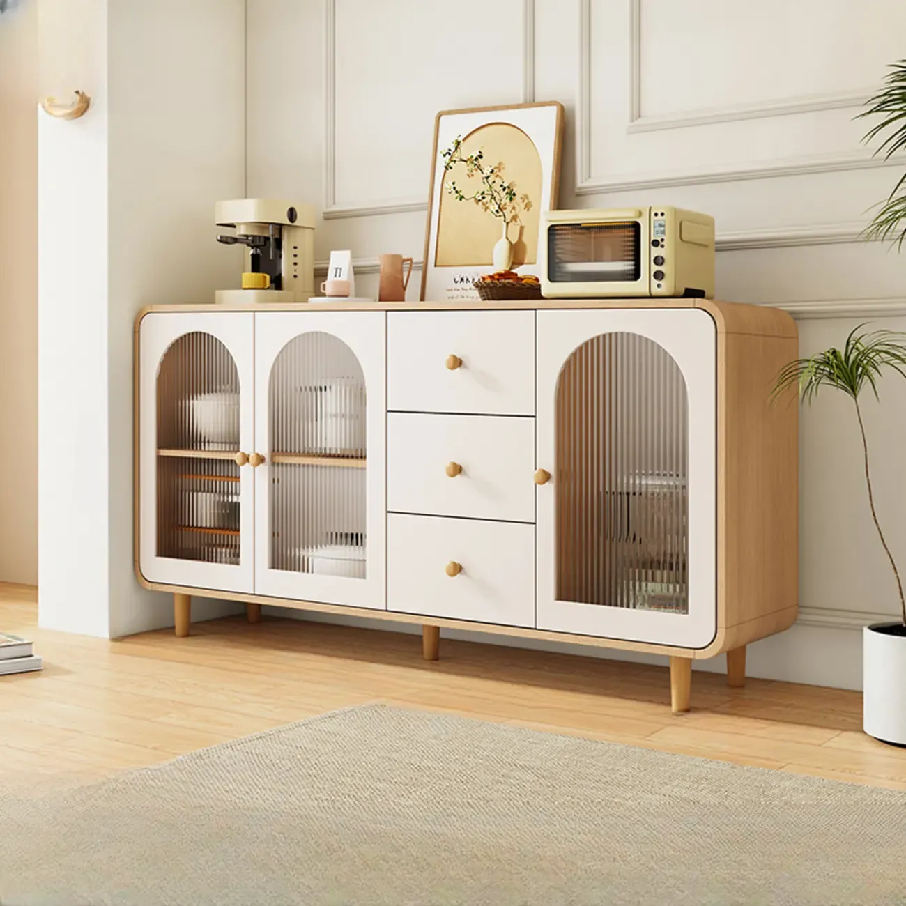 Natural Modern Wooden Buffet Cabinet with Glass Doors