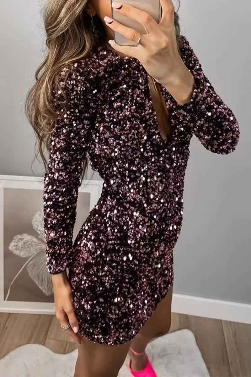 hulianfu Sexy Vintage Solid Sequins Frenulum Backless O Neck Dresses - Deanwangkt