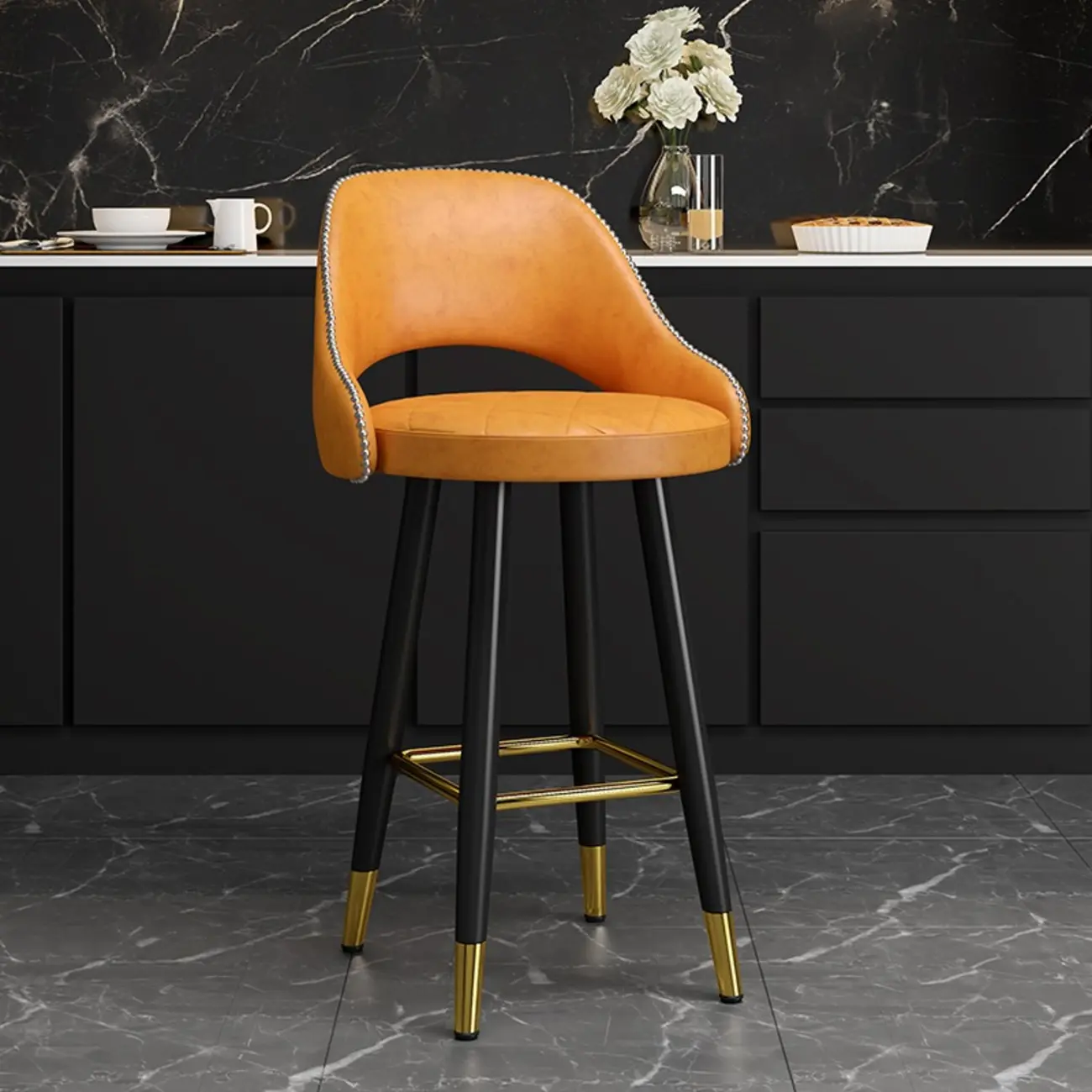 Modern Round Leather Curved Back Bar Stools