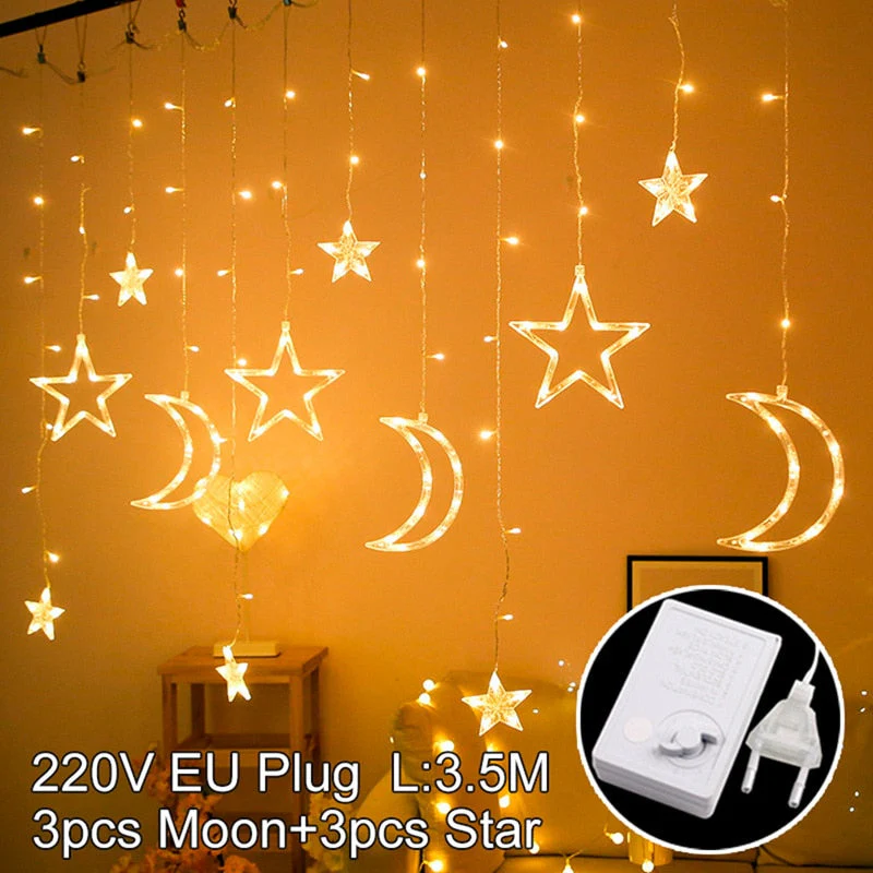 HULIANFU Star Moon Led Curtain Garland String Light Eid Mubarak Ramadan Decoration Islam Muslim Party Decor Eid Al Adha Gift Eid Mubarak - Deanwangkt