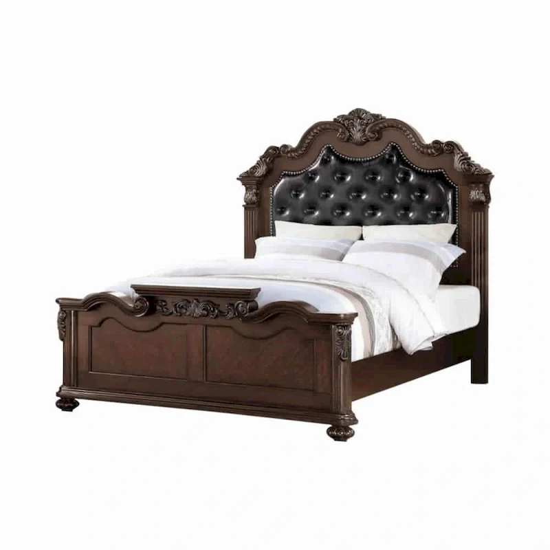 Dark Walnut Carved & Upholstered Wooden Queen Bed